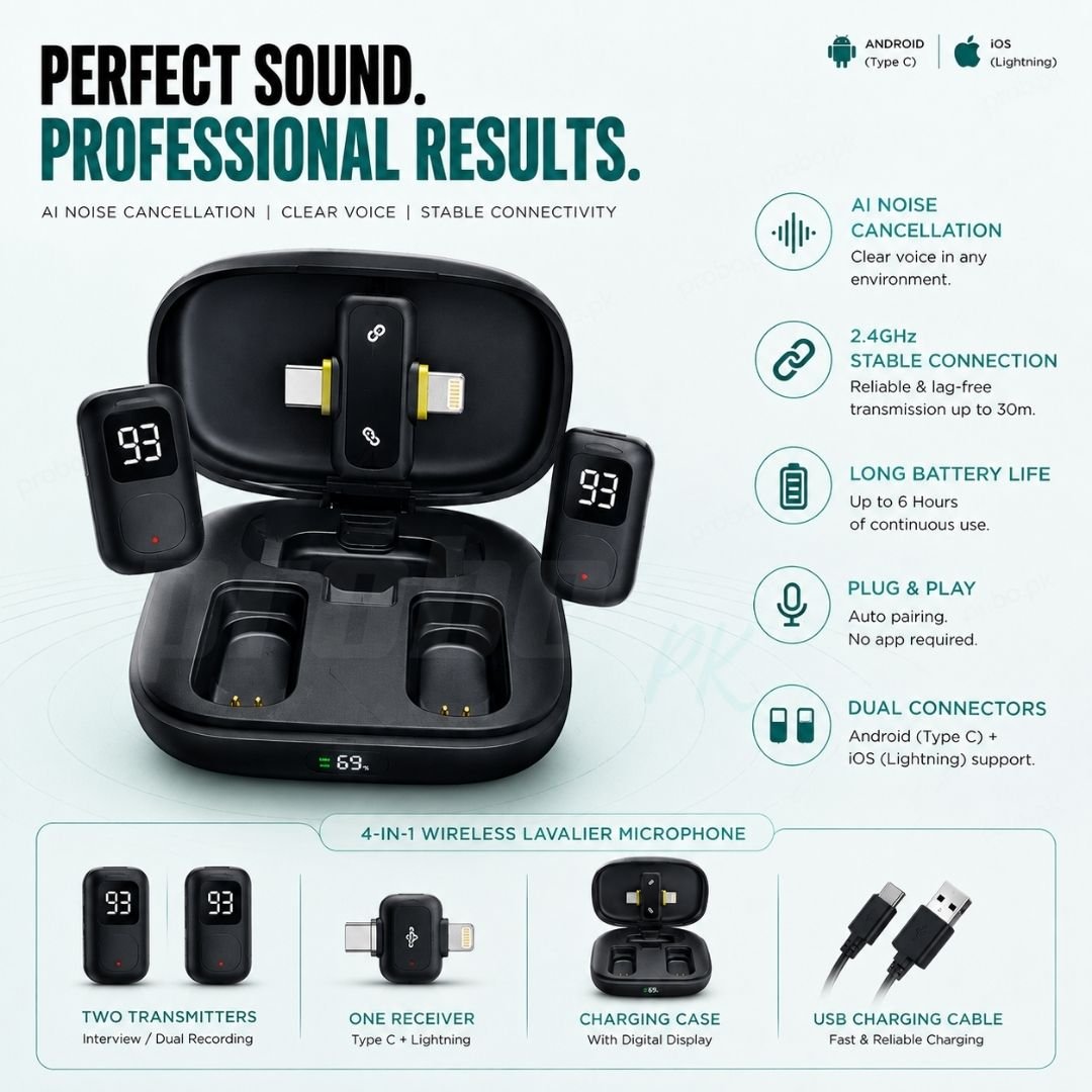 J23 4-in-1 Dual Wireless Lavalier Microphone for iPhone & Android – AI Noise Cancellation with Charging Case - Image 2