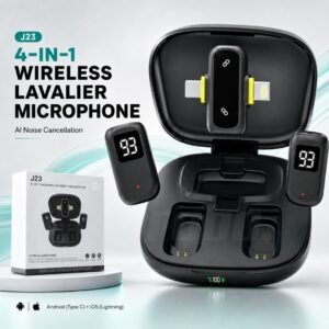 J23 4-in-1 Dual Wireless Lavalier Microphone for iPhone & Android – AI Noise Cancellation with Charging Case