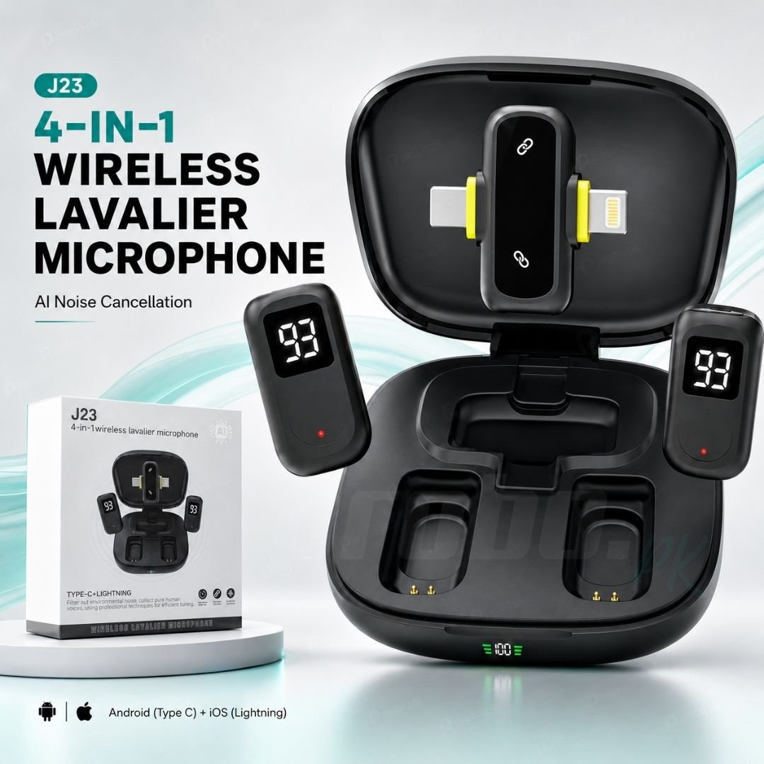 J23 4-in-1 Dual Wireless Lavalier Microphone for iPhone & Android – AI Noise Cancellation with Charging Case
