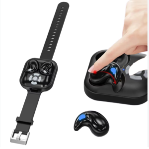 LY9 Ultra-Thin Wireless Sleep Earbuds – Mini Shark Fin Design with Watch Strap Charging Case, Bluetooth 5.4, 10mm Driver – Black