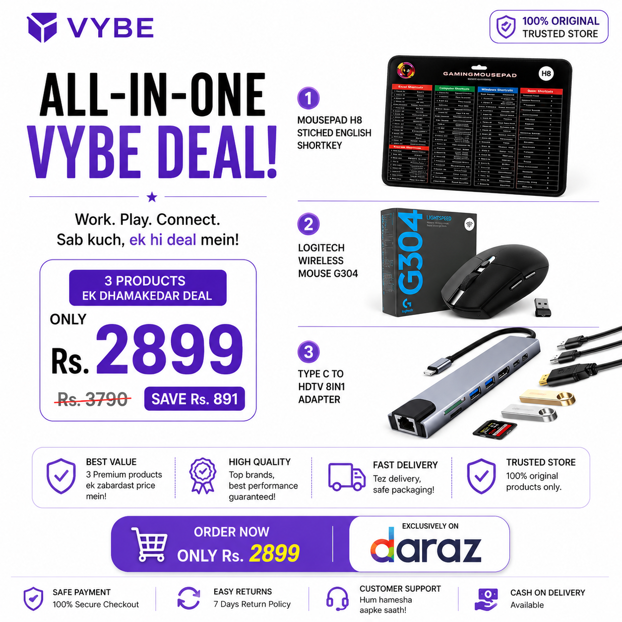 VYBE 3-in-1 Bundle – Work, Play & Connect | Gaming Mousepad H8 with Shortcut Keys, Logitech G304 Wireless Mouse & Type-C to HDTV 8-in-1 Hub Adapter