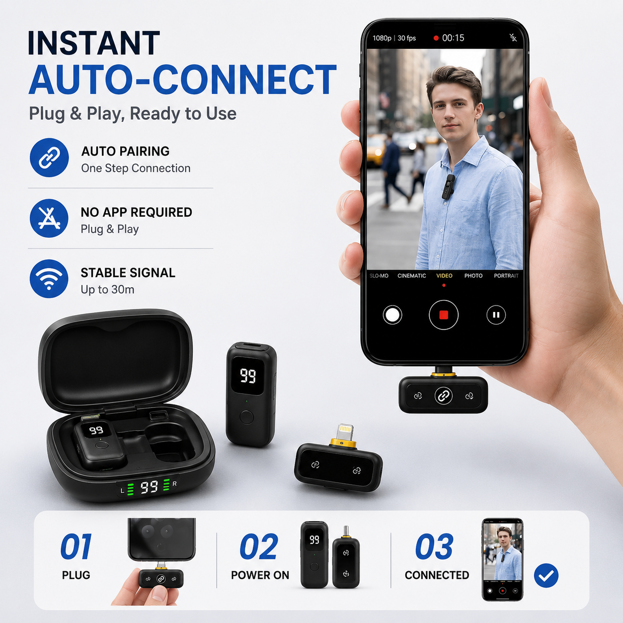 J23 4-in-1 Dual Wireless Lavalier Microphone for iPhone & Android – AI Noise Cancellation with Charging Case - Image 3