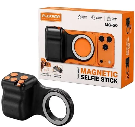 PLOKAMA MG-50 Pro Magnetic Selfie Stick with LED Fill Light – Detachable Fill Light, Wireless Remote & 360° Rotation for Vlogging & Selfies